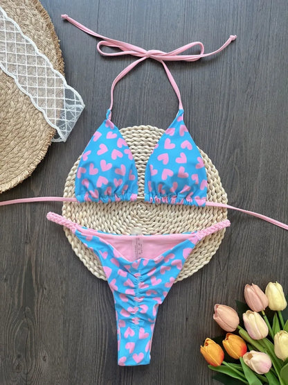 Bikini Set Women Swimsuit Printed Halter Lace Up Two-Piece Swimwear Backless Bathing Summer Fashion Female Beachwear