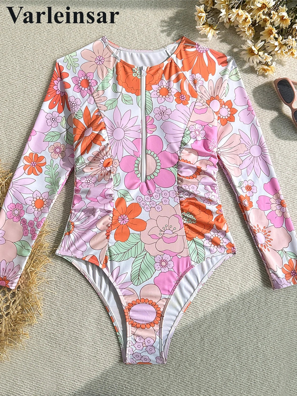 ash Guard Flowers Printed Long Sleeve One Piece Swimsuit Women Swimwear Female With Zipper Wrinkled Bather Bathing Suit Swim