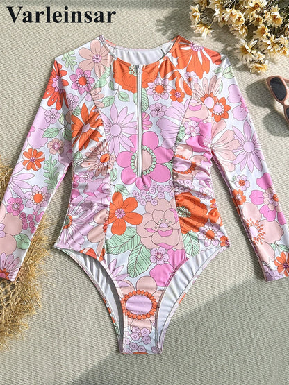 ash Guard Flowers Printed Long Sleeve One Piece Swimsuit Women Swimwear Female With Zipper Wrinkled Bather Bathing Suit Swim