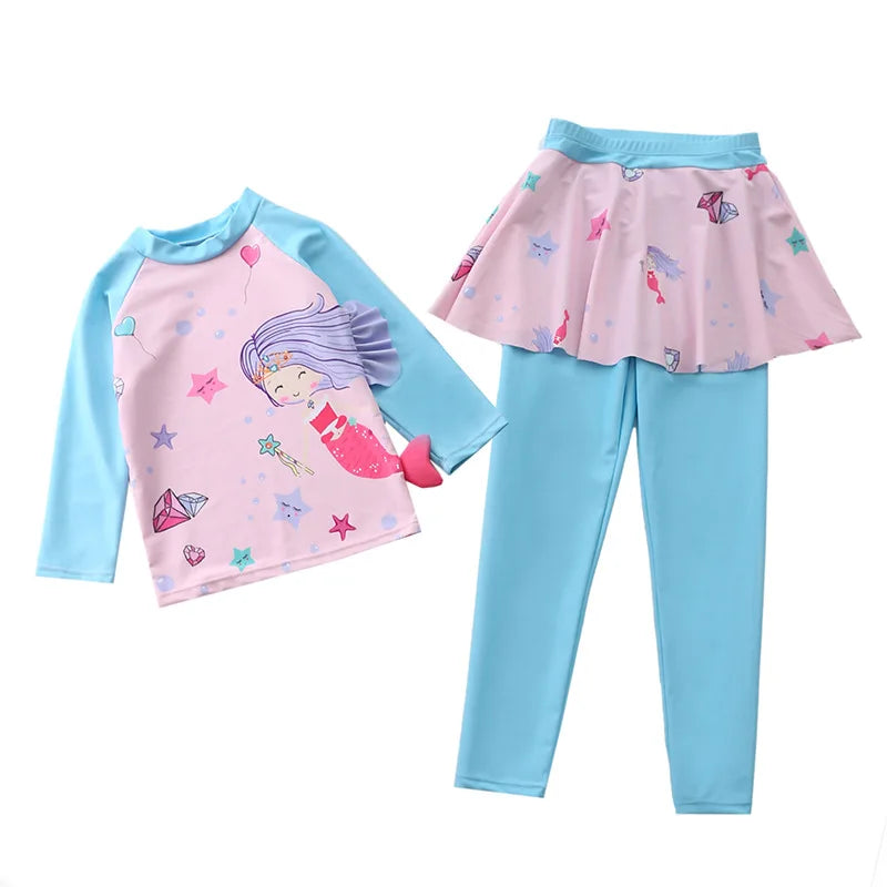 Unicorn Mermaid Kids Swimwear for Girls Long Sleeve Rash guard Pants Leggings Modest Children's Swimsuit Bathing Suit Beach Wear