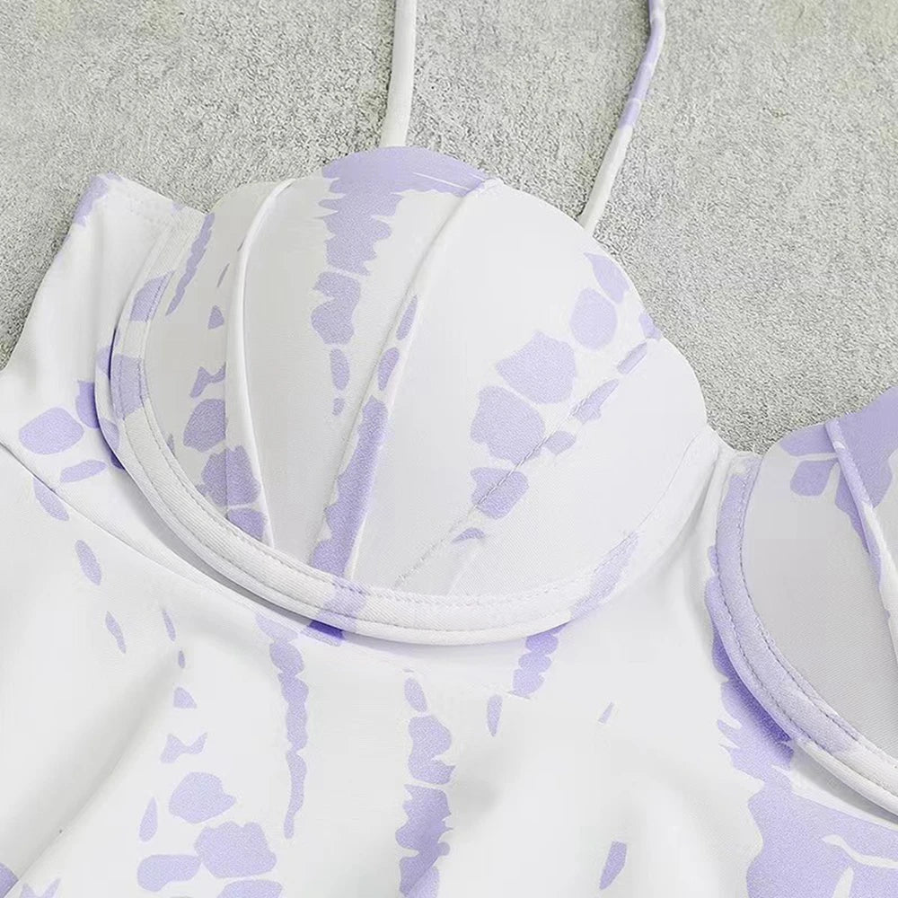 Shell Hard Wrapped Front Tankini Set Women Swimsuit Drawstring Bottom Two-Piece Suit Black/Malachite Blue/Violet