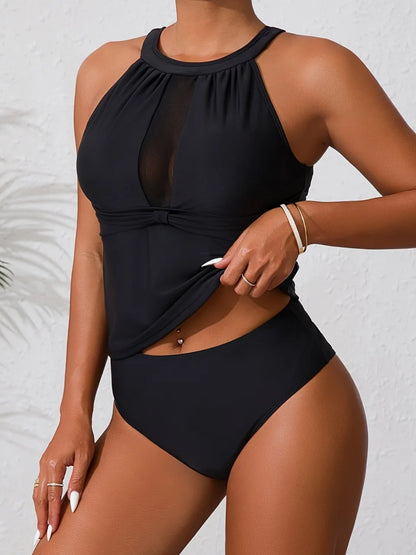 Halter Tankini Mesh Black Swimsuit Women Two Pieces Triangle Swimwear Female Bathing Swimming Suit Padded Beachwear Summer
