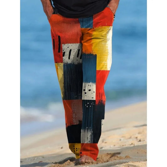 Men's Plaid Spliced Rework Casual Pants Elastic Hawaiian Ethnic Leisure Side Pocket Straight Leg Pants Summer Spring 3D Printing