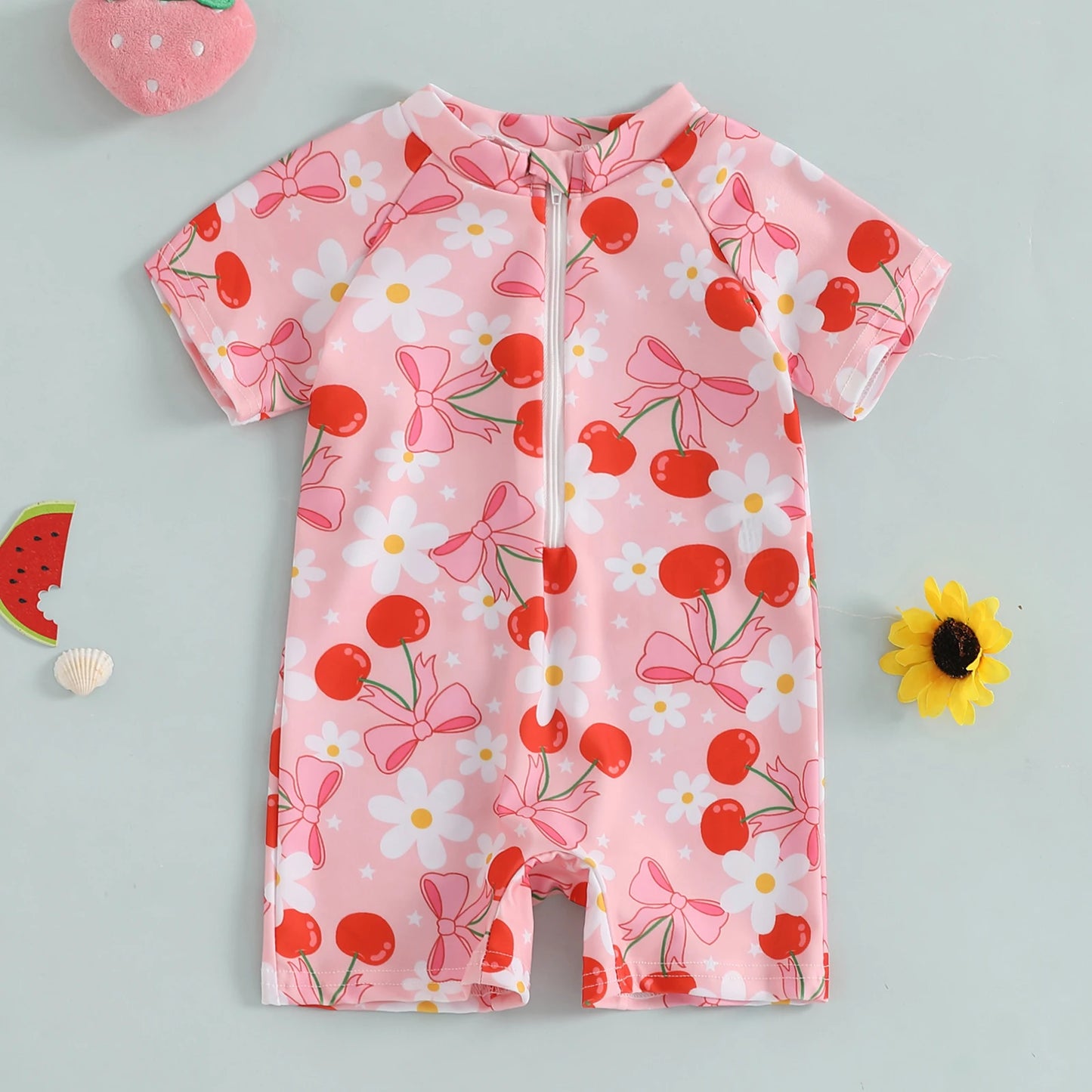 Summer Toddler Baby Girl Short Sleeve Swimwear Bathing Suit Infant Rash Guard Swimsuit Kids Cherry/Bow Print Zipper Beachwear
