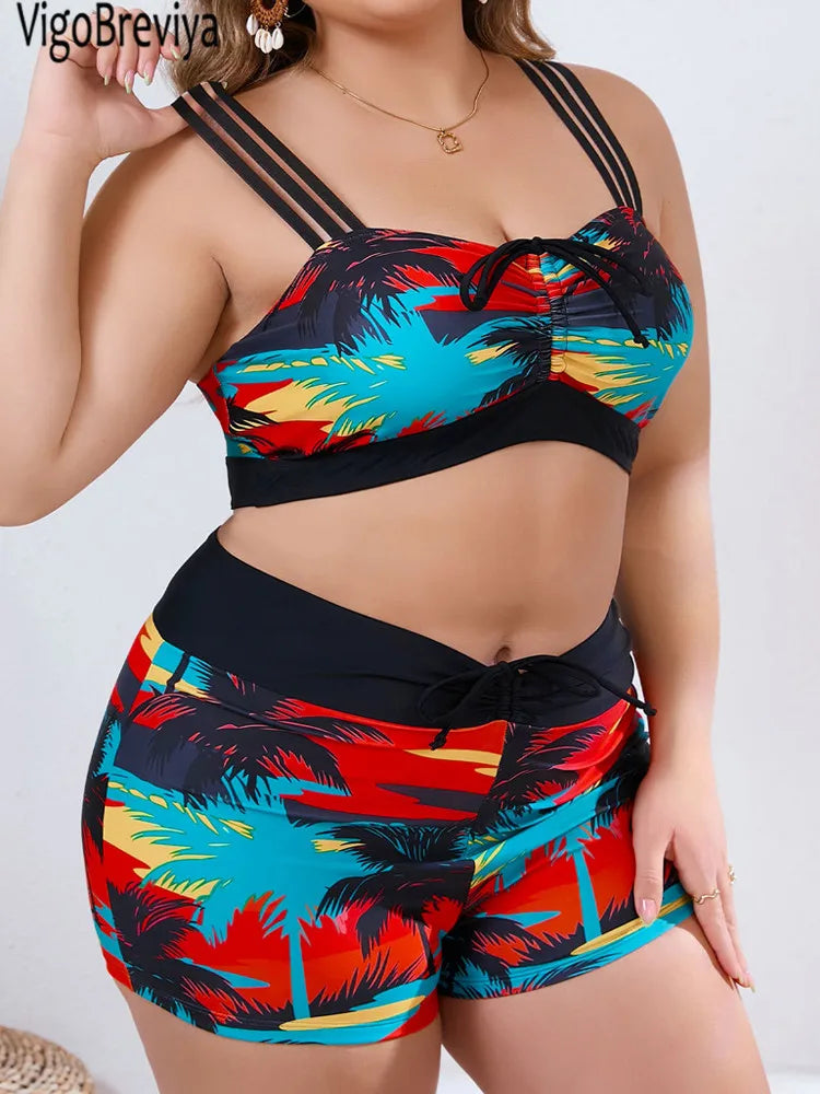 Print Strapped 2 Piece Plus Size Bikini Women High Waist Curvy Swimsuit Brazilian Lady Beach Big Bathing Suit