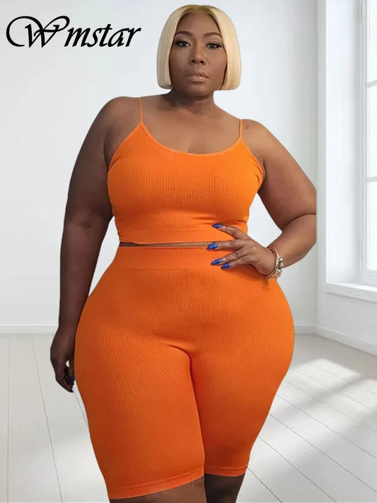 Wmstar Plus Size Shorts Sets Vest Crop Top and Pants Matching Set Casual Cycle Bike Outfits Two Piece Set