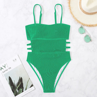 S - XL 11 Colors Ribbed Cut Out One Piece Swimsuit Women Swimwear Female High Leg Cut Padded Bather Bathing Suit Swim Lady