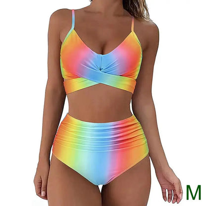 Bikini Two Piece Suit Cross Front Slim High Waisted Bottom Solid/Print Breathable Quick Drying Beachwear