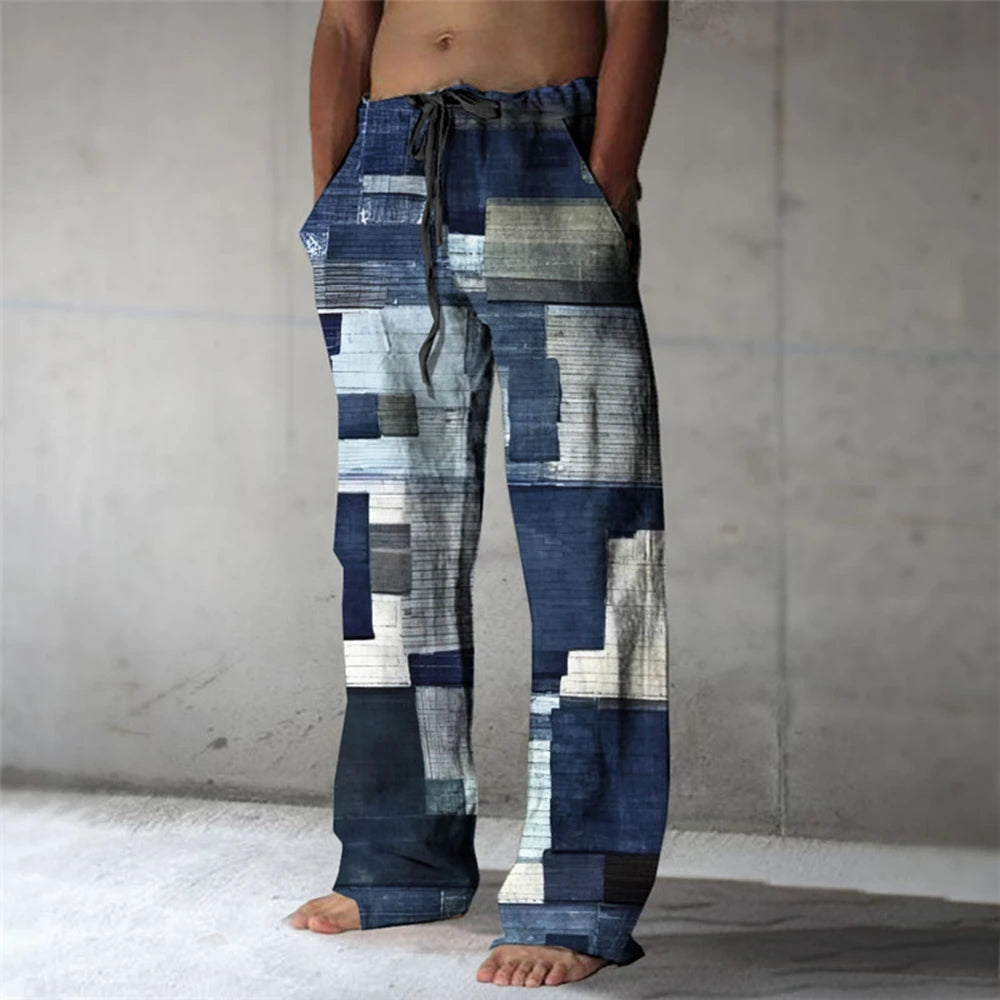Plaid Color Block Men's Resort 3D Printed Casual Pants Trousers Elastic Waist Fit Straight-Leg Pant Summer Beach Pants 5XL