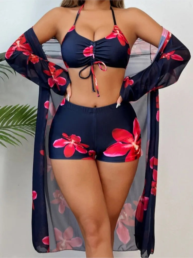 Bikini Bodysuit Swimwear Women With Kimono Bathing Suit Summer Splice Print Beachwear Holiday Bikini Cover Ups Outfits