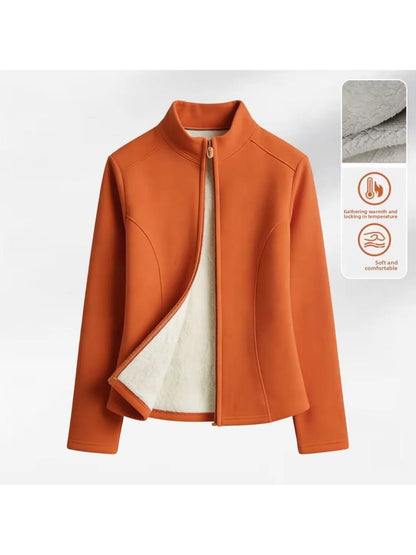 Women's Fleece Lined Slim Fit Yoga Jacket Stand Collar Thickened Zipper Short Coat Warm Fitness Outerwear for Autumn Winter