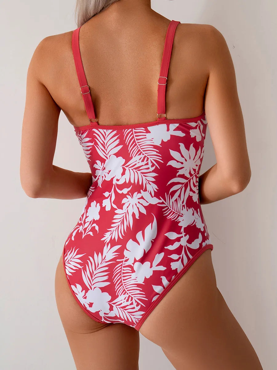 One Piece Swimsuit For Women Orange Floral printed Swimwear Female Bodysuit Monokini Beachwear Backless Bathing Suit