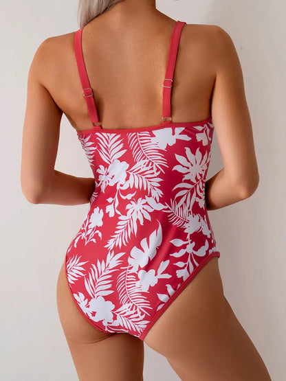 One Piece Swimsuit For Women Orange Floral printed Swimwear Female Bodysuit Monokini Beachwear Backless Bathing Suit