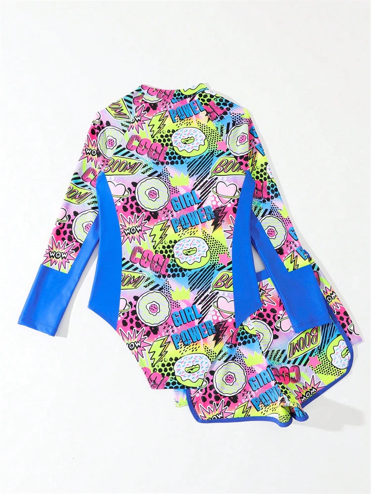 Two Piece Swimsuit Girls Kids Print Long Sleeve Zipper Children Swimwear Summer Bodysuit Shorts Bathing Suits Swimming