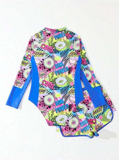 Two Piece Swimsuit Girls Kids Print Long Sleeve Zipper Children Swimwear Summer Bodysuit Shorts Bathing Suits Swimming