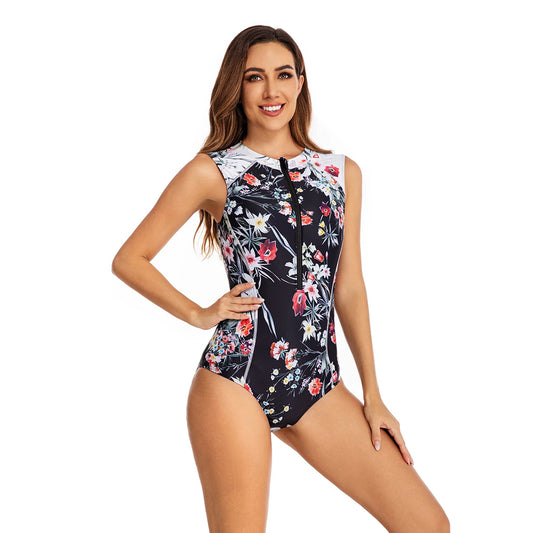 Women's Retro One Piece Long Sleeve Rash Guard UV Protection Floral Printed Surfing Athletic Swimsuit Swimwear Bathing Suit