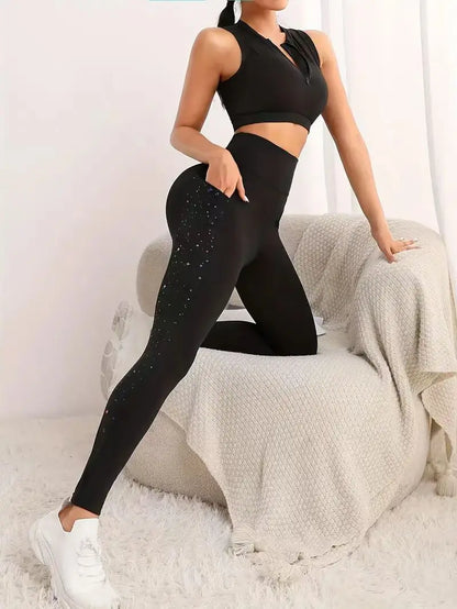 Star patterned sports yoga pants, stretch running and fitness tight pants with phone pocket, women's sportswear wide waistband
