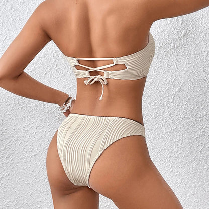 Two Pieces Bikini Sets Women Strapless Bandeau Solid Color Back Lace Up Swimsuits Low Waist Beachwear Biquini Bathers