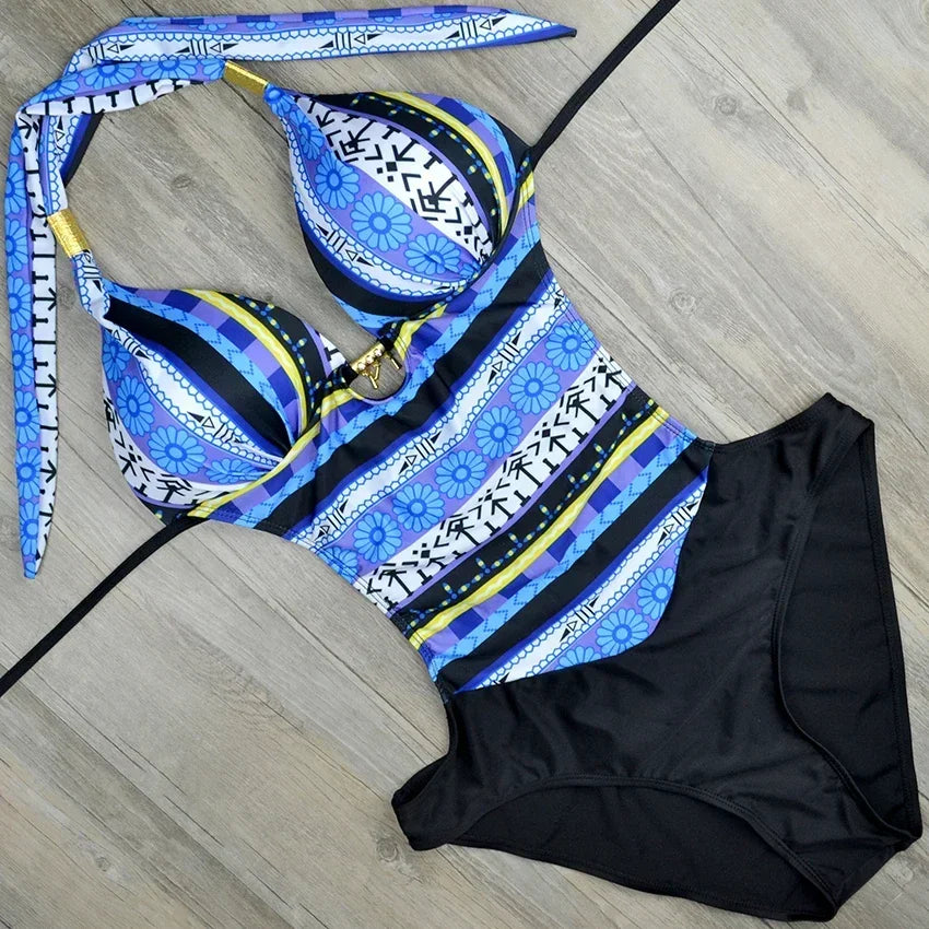 S - XXL Color Pattern Printed Bra Cup Female Swimwear One Piece Swimsuit Women Push Up Monokini Backless Bather Bathing Suit Swim Lady