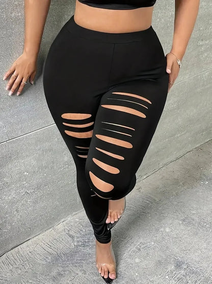 GIBSIE Plus Size Fashion Black Ripped Leggings For Women Spring Summer Street Casual Mid Waisted Stretch Slim Pencil Pants