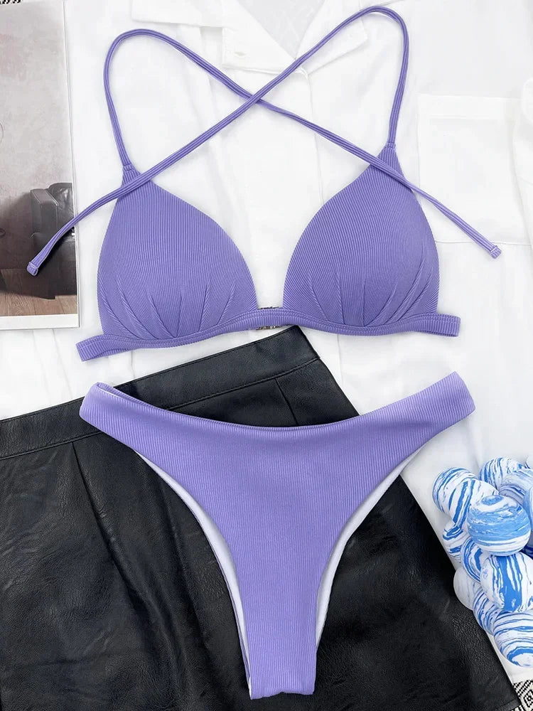 Halter Bra Cup Bikini Swimsuit Female White Swimwear Women Push up Bikini set Brazilian Bathing Suit Bandeau Swim suit