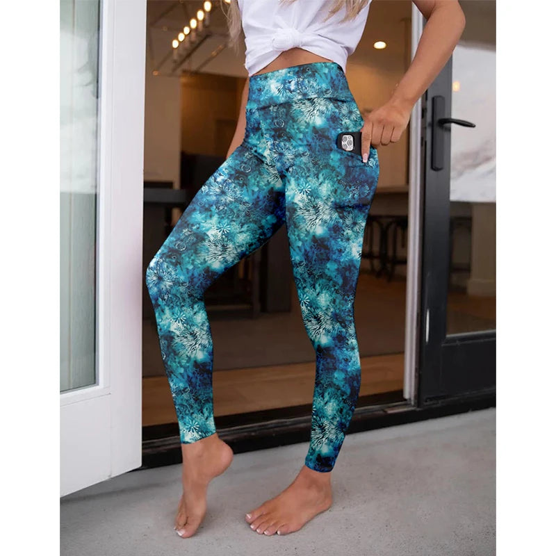 High Waist Women's Fitness Leggings 3D Digital Print Sexy Pocket Elastic Pants Fashionable Gym Trousers