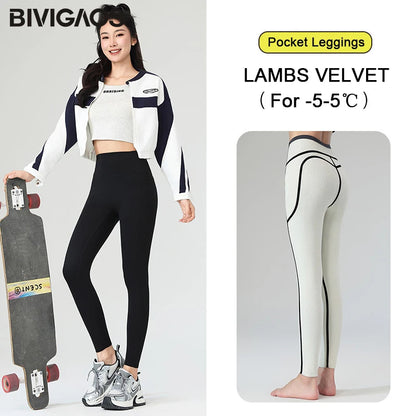 Winter Fleece Pocket Sharkskin Leggings Women High Waist Tight-Fit Velvet Thickened Warm Sports Running Leggings