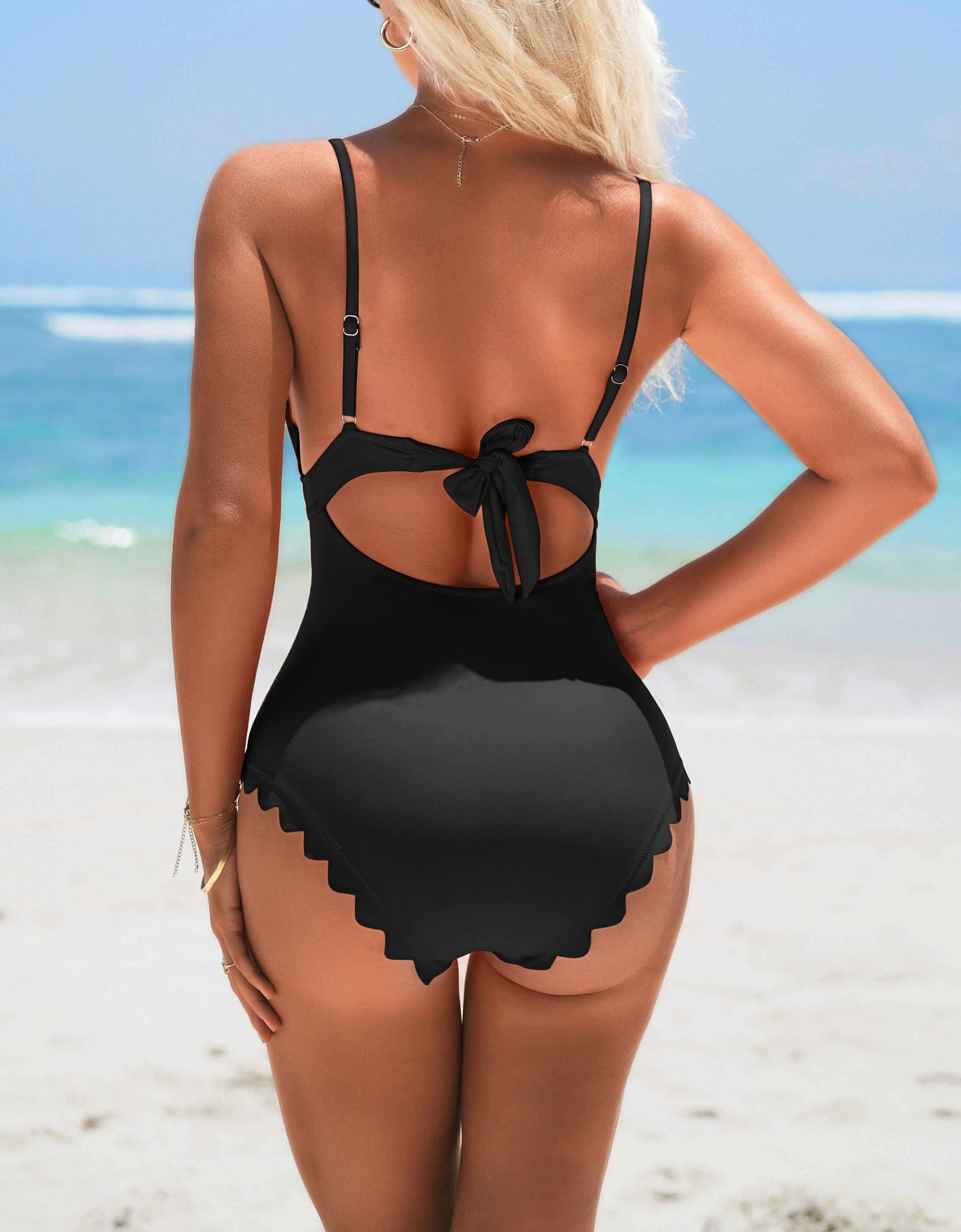 Women Fashion One-Piece Swimsuit Solid Scalloped Trim High Elastic with Removable Padded Bathing Suit Swimwear
