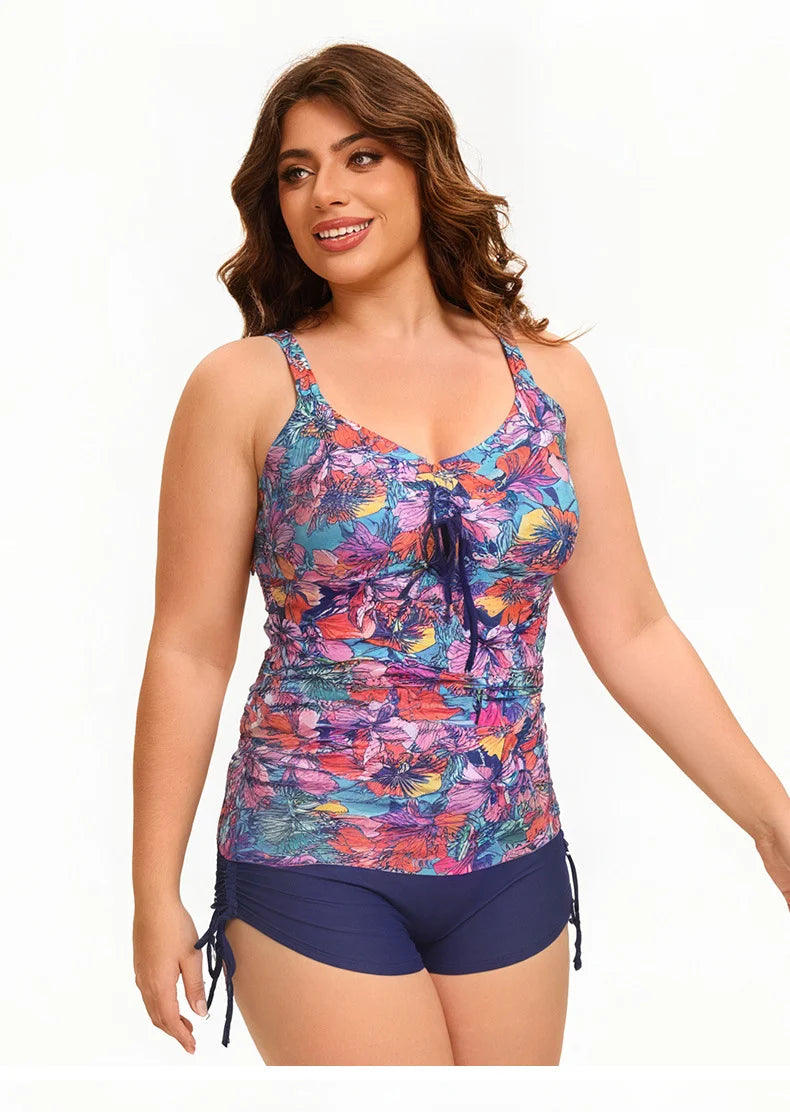 Women's Plus Size Printed Tankini Swimsuit - Crisscross Back Top + Tie-Side High-Waist Shorts, Flattering Swimwear for Beach