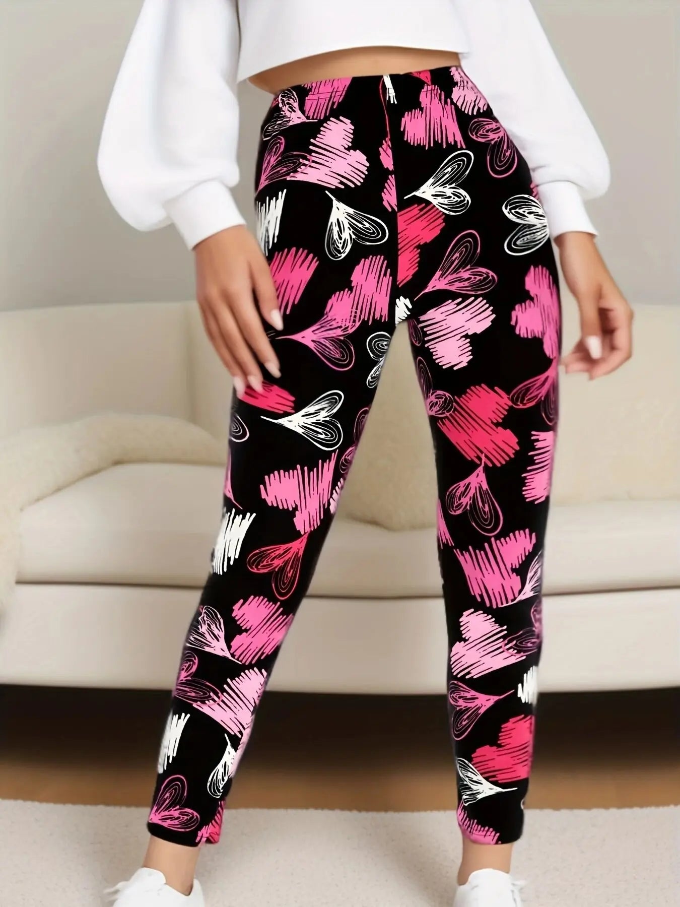 Plus Size Red And White Heart-Shaped Sports High Elasticity Casual Simple Cropped Pants