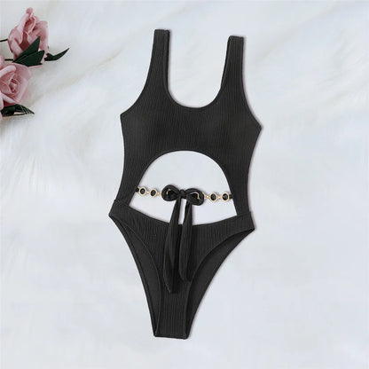 Diamond Rhinestones Tummy Cut Out One Piece Swimsuit Women Swimwear Female Knotted High Leg Cut Bather Bathing Suit Swim