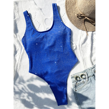 Glitter Sparkling Lace Up Backless One Piece Swimsuit Women Swimwear Female High Cut Bather Bathing Suit Swim Lady