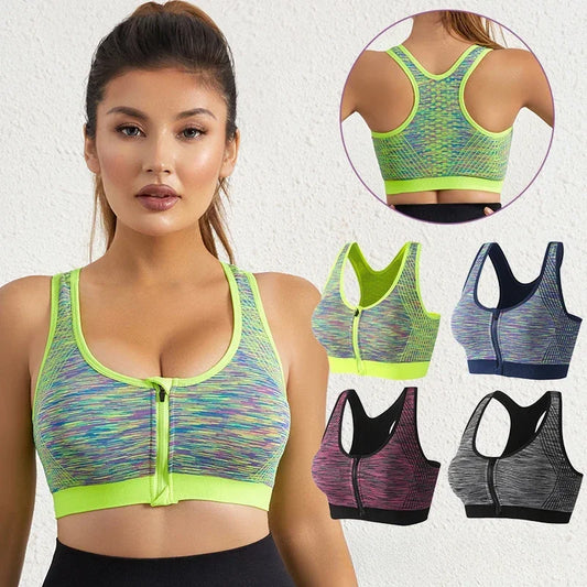 Sports Bra Women Space Dyed Front Zipper Running Shockproof Vest Gym Jogging Crop Top Female Tops Sport Bras