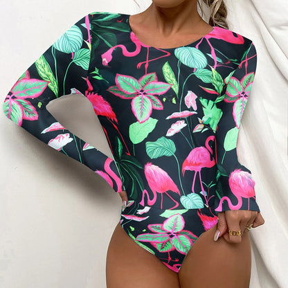 Surfing Sport Long Sleeves Swimsuit For Women Floral Printed High Quality Swimwear Patchwork Bathing Suit Tropical Summer