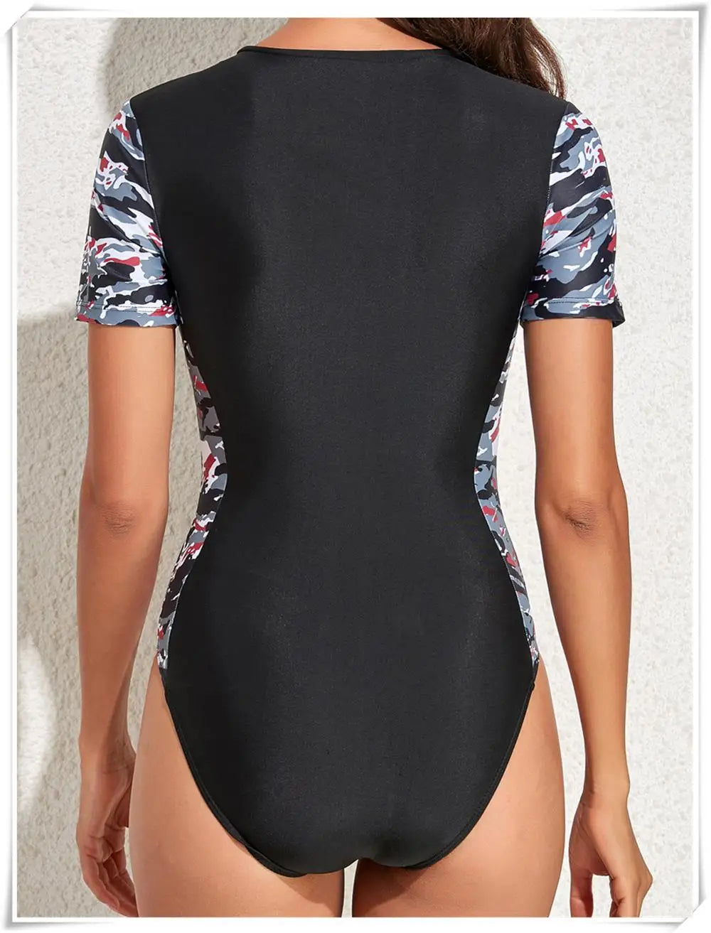 Short Sleeve Zipper One Piece Swimsuit Zebra Print Swimwear Women Diving Clothes Surfing Beachwear Bathing Swimming Suit