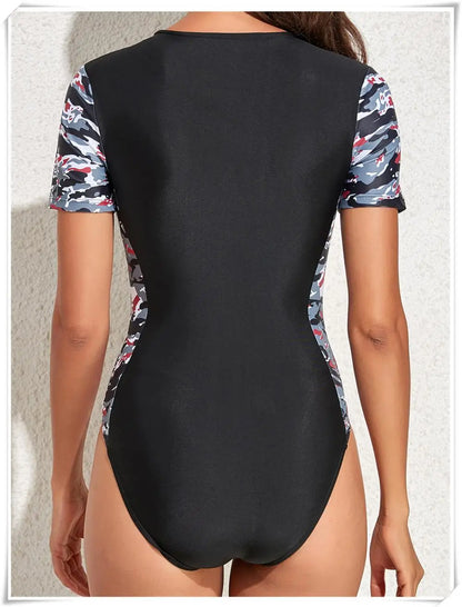 Short Sleeve Zipper One Piece Swimsuit Zebra Print Swimwear Women Diving Clothes Surfing Beachwear Bathing Swimming Suit