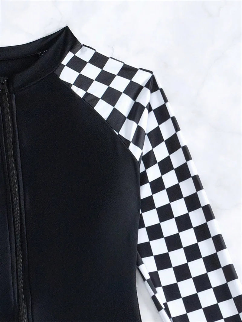 Plaid One-Piece Swimsuits Closed Long Sleeve Swimwear For Sports Surfing Bodysuit Women Swim Bathing Suit Beachwear Pool Bather