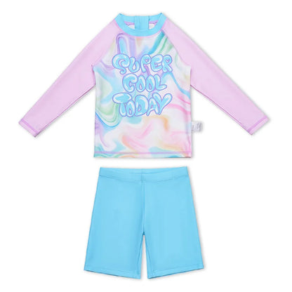 Girls Cute Swimsuit Long-sleeve Shorts Split Girls Sun Protection Children's Swimwear with Cap 3pcs Set