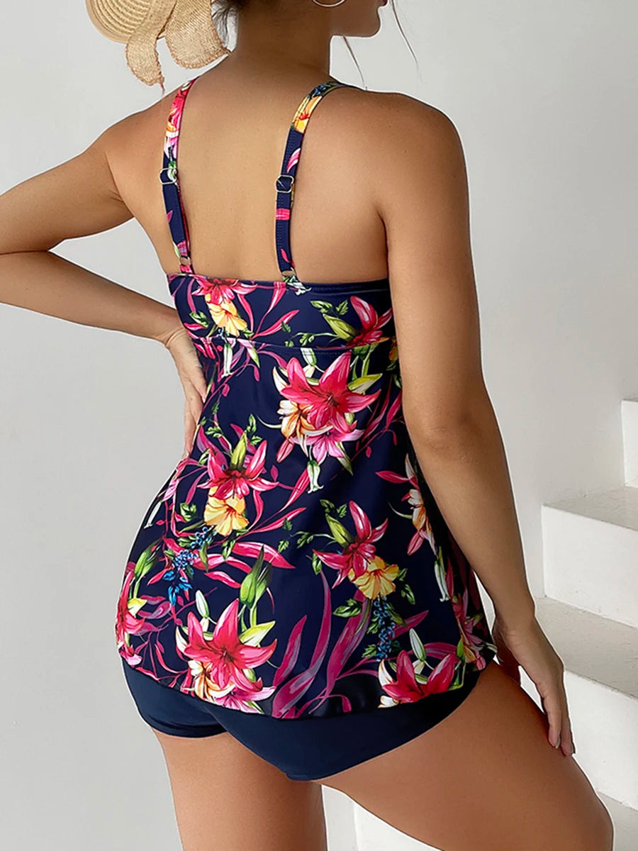 Floral Printed Tankini Set Two Piece Swimsuit Short Women Drawstring Swimwear Female Bathing Suit Beachwear Swimming Summer