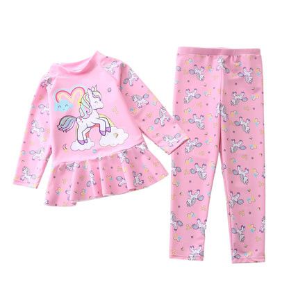 Swimsuit for Girls Long Sleeve Ruffles Girls Swimwear Cartoon Print Separate Bathing Suit Kids 2 Pcs Beach Surfing Swimming Wear