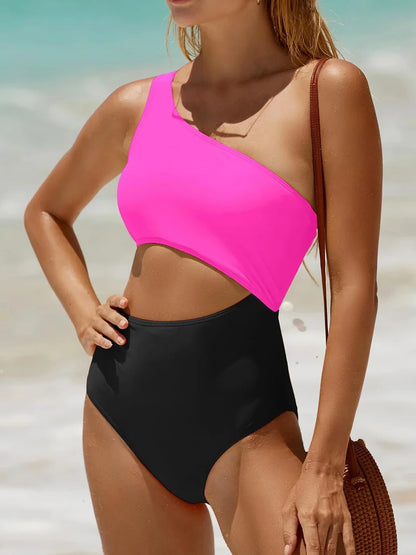 One Shoulder Solid One Piece Swimsuit Women Color Block Hollow Swimwear Female Bathers Bathing Swim Suit Padded Beachwear