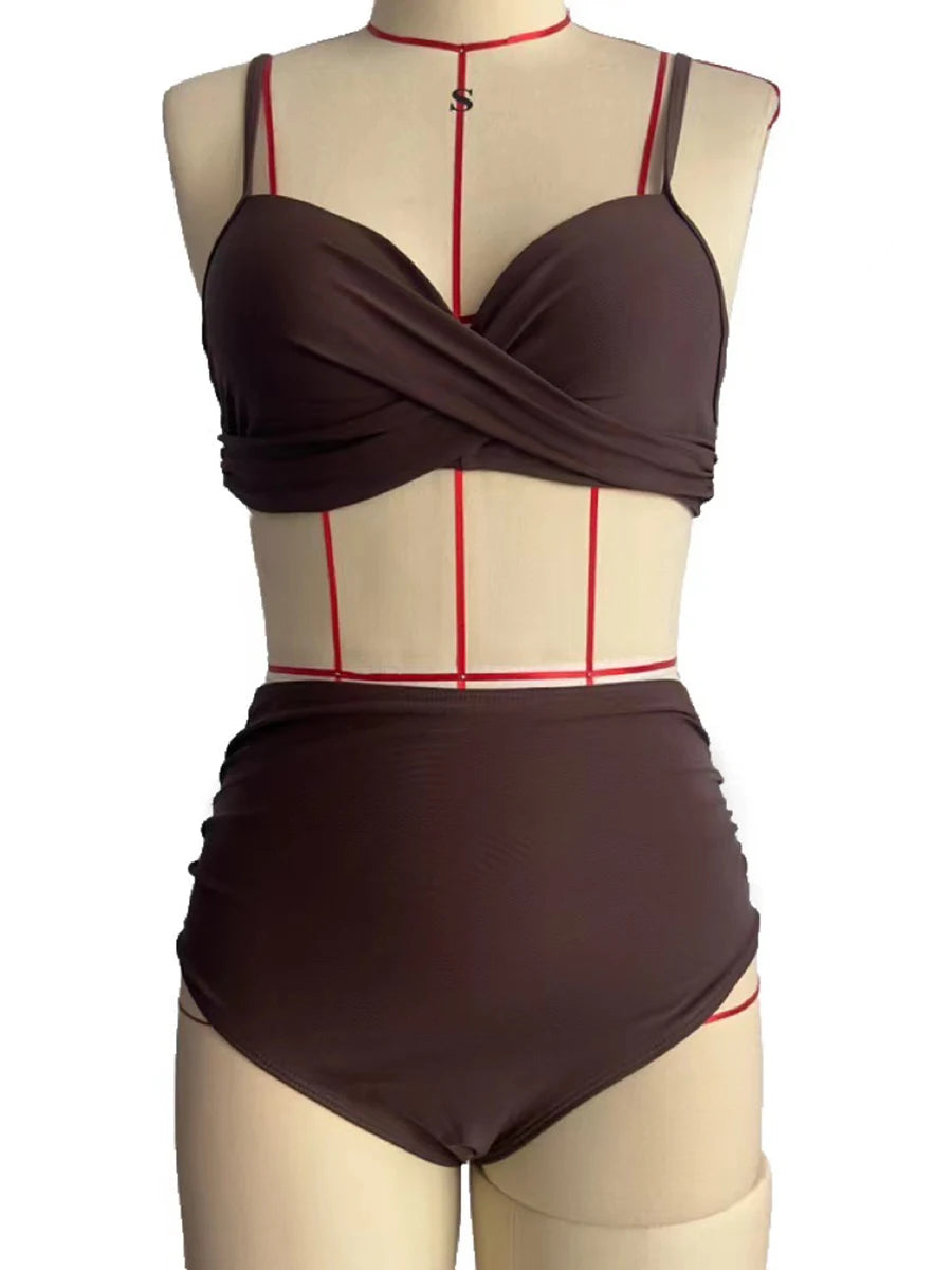 Cross Frill Bikinis Women Swimwear Print Sexy High Waist Swimsuit Female Beachwear Bathers Bathing Swimming Swim Suit