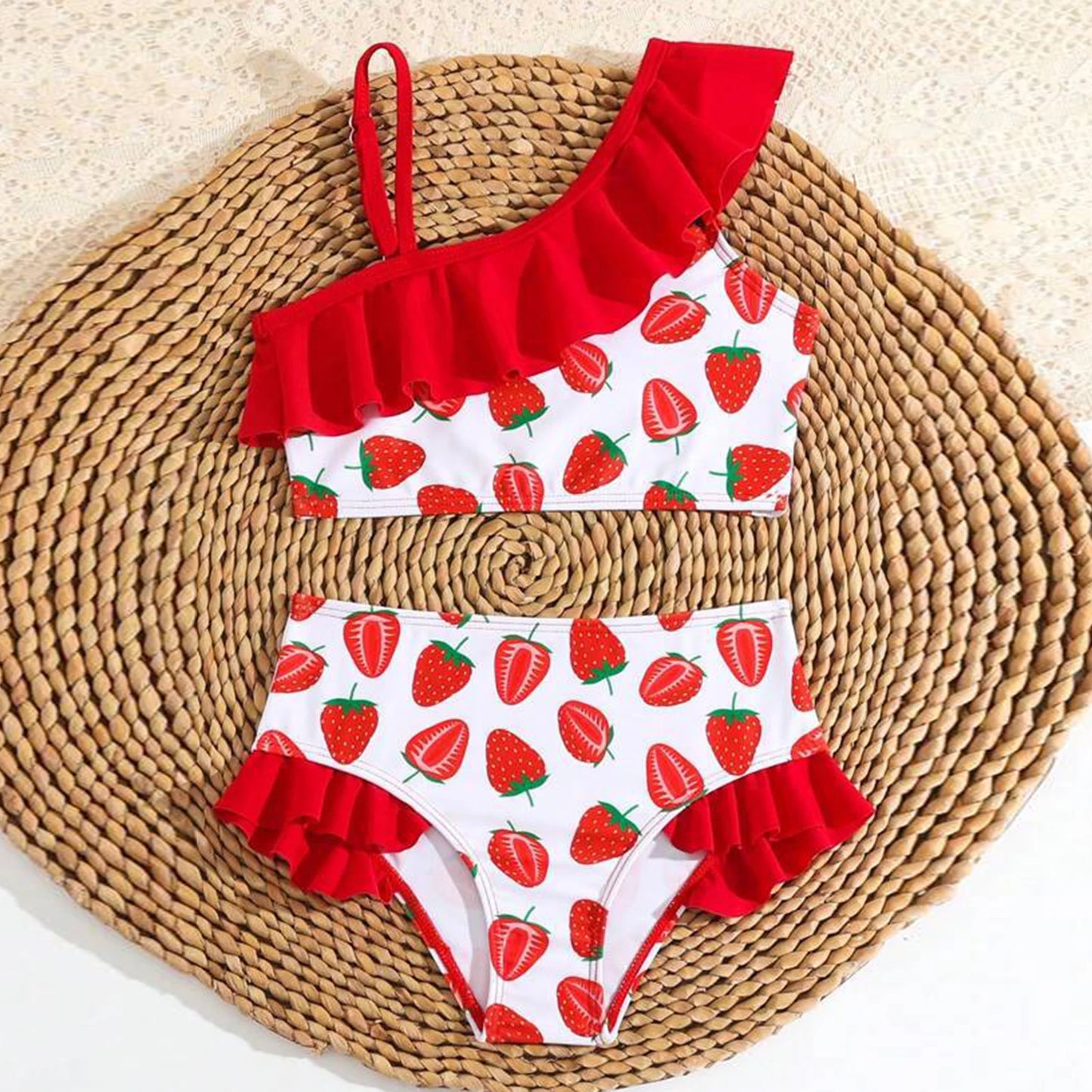 Ruffle Baby Girls Bikini Swimsuit Cute Princess Strawberry Print Beachwear Adjustable Children Bathing Suit