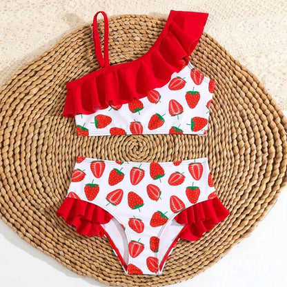 Ruffle Baby Girls Bikini Swimsuit Cute Princess Strawberry Print Beachwear Adjustable Children Bathing Suit
