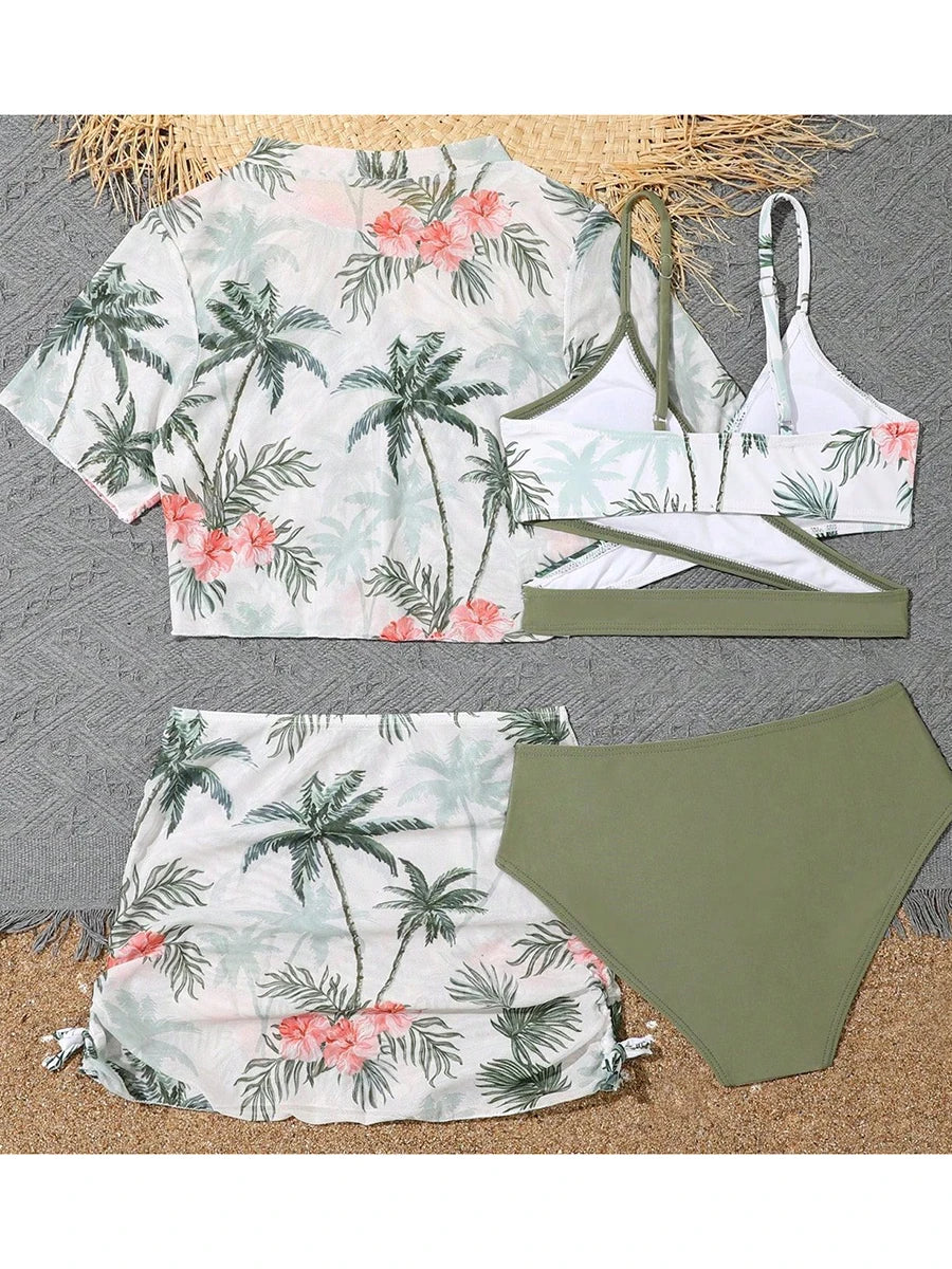 Print Cross 4 Pieces Bikini Girls Swimsuit Kids Swimwear Female Children's Bathers Bathing Swimming Swim Suit Beachwear