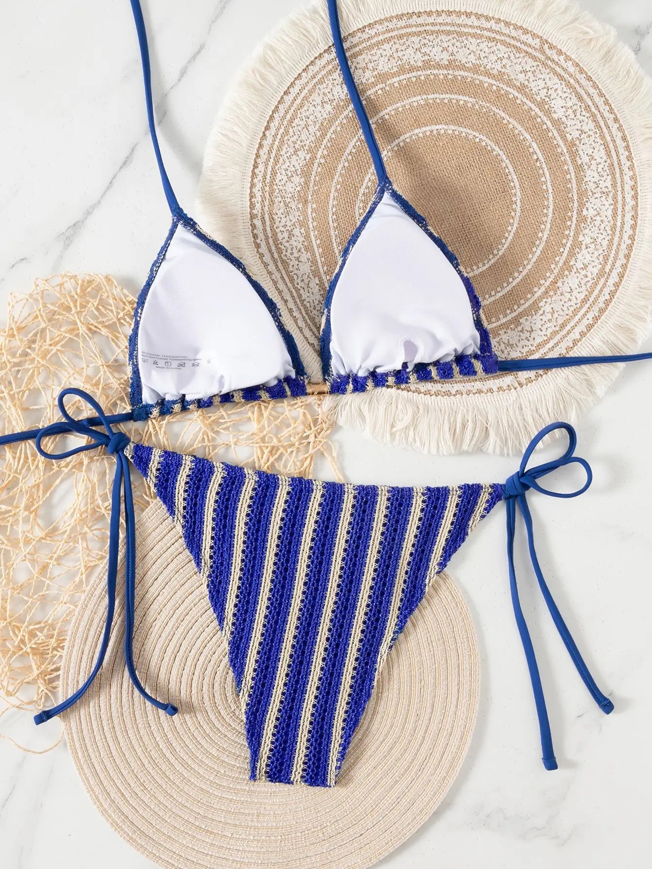 Blue Striped Bikini Set Women Metal Starfish Ornament Push Up Swimsuit Brazilian Beach Bathing Suit Thong Swimwear