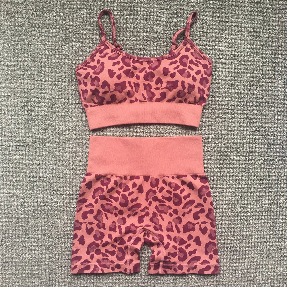 Women Fashion Leopard Printed 2 PCS Yoga Set Gym Shockproof Sports Bras Sport Leggings Running Work Out Training Suit
