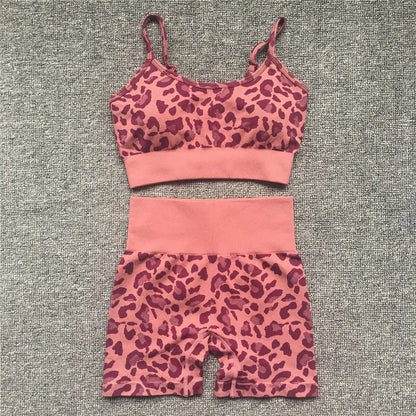 Women Fashion Leopard Printed 2 PCS Yoga Set Gym Shockproof Sports Bras Sport Leggings Running Work Out Training Suit