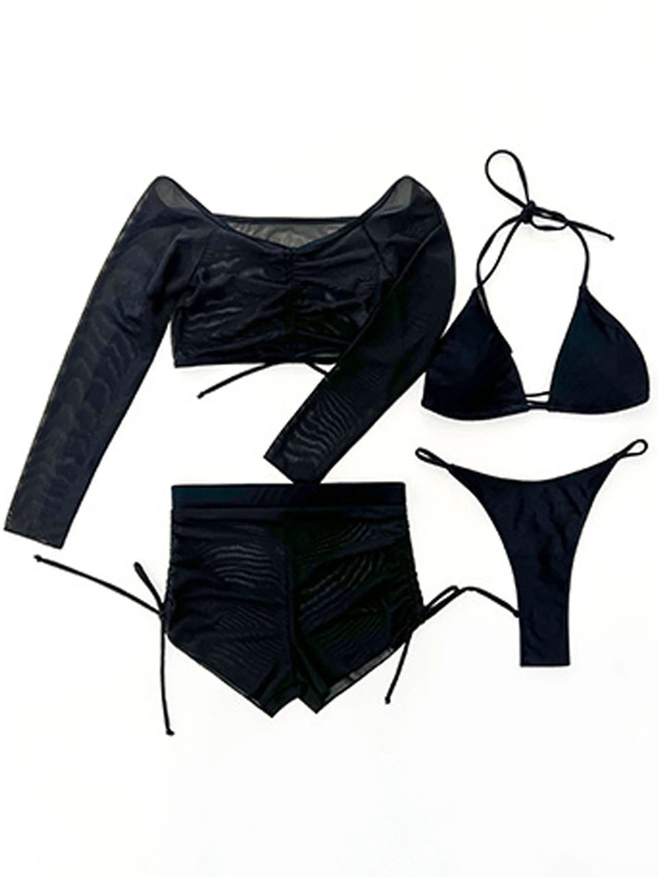 4 Piece Bikini Women Drawstring Cover Up Top & Shorts Swimsuit Female Halter Swimwear Bathing Swimming Mesh Beachwear Suit