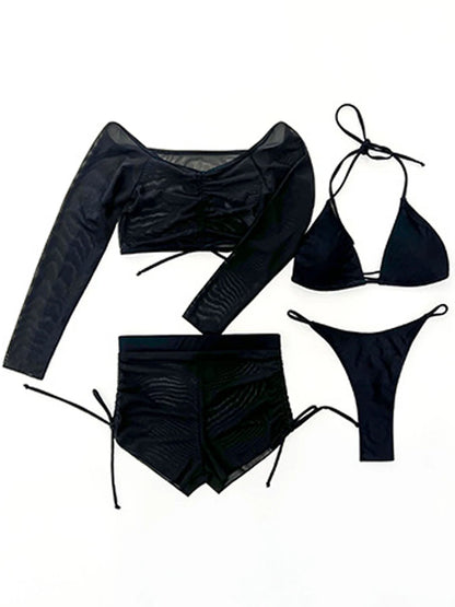 4 Piece Bikini Women Drawstring Cover Up Top & Shorts Swimsuit Female Halter Swimwear Bathing Swimming Mesh Beachwear Suit